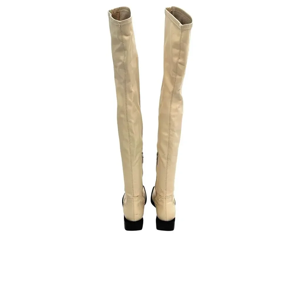 Schutz Guily Up Over The Knee Boots Eggshell Cream Leather‎ Square Toe Women 7.5